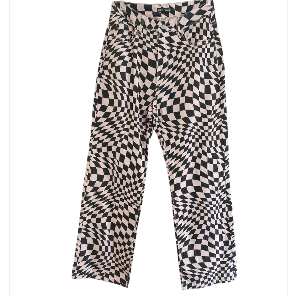 SHEIN Pink and Black Geometric Wide Leg Pants